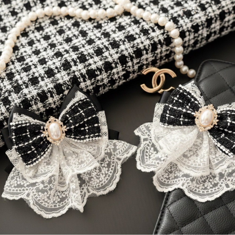 Victorian Vintage Black and White Tweed and Lace Bow Hair accessories